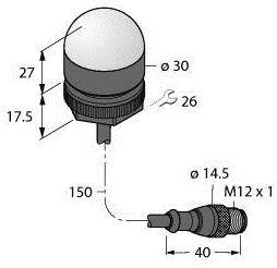 Technische Zeichnung eines zylindrischen Drucktasterknopfs. Maße: Knopfdurchmesser 30, Höhe 27, Basisdurchmesser 26. Anschluss: M12 x 1.