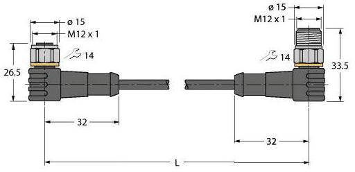 Technische Zeichnung eines Anschlusssteckers mit Bemaßungen: Länge 32 mm, Durchmesser 15 mm, einschließlich M12x1 Gewinde.