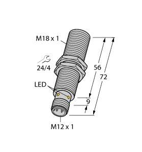 Technische Zeichnung eines Sensors mit Gewindemaßen M18 x 1 und M12 x 1, Länge 72 mm, LED-Anzeige und Maße 24/4, 56, 9 mm.