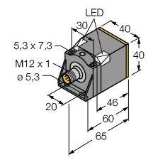 Elektrische Komponente mit LED, M12-Anschluss, Abmessungen: 65x40x46 mm. Zeichnung zeigt Detailansicht und Maße in Millimetern.