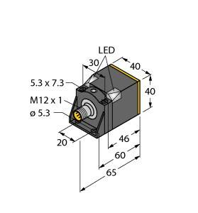Diagramm eines Sensors mit M12-Stecker, LED-Anzeige. Maße: 65 mm Länge, 40 mm Höhe und Breite, 46 mm Tiefe. Anschlüsse markiert.