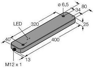 Längliches Bauteil mit Abmessungen: Länge 400 mm, Breite 80 mm, Höhe 25 mm. Positionen für LED und M12 x 1 Anschluss markiert.