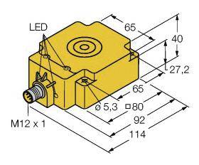 Technische Zeichnung eines gelben rechteckigen Sensorgehäuses mit Maßen: 65x92x114 mm. LED-Anzeige und M12 x 1 Anschluss sind markiert.
