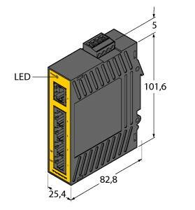 Industrie-Bauteil mit gelber Vorderseite, zeigt Maße: 101,6 mm hoch, 82,8 mm tief, 25,4 mm breit. Oben: Terminalanschlüsse, LED-Anzeige links.