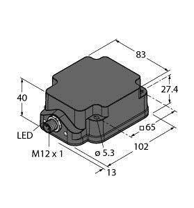 Technische Zeichnung eines rechteckigen Geräts mit den Maßen 83x102 mm, Anschluss M12x1, LED-Anzeige.