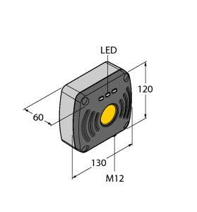 Abbildung eines quadratischen Sensors mit den Maßen 130x120x60 mm, LED-Anzeige oben, M12-Anschluss unten.