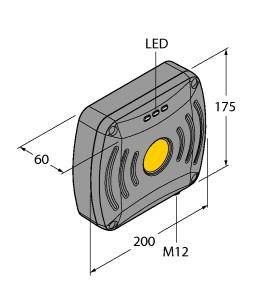 Diagramm eines rechteckigen Objekts mit LED, M12-Stecker und Maßen: 200 mm Breite, 175 mm Höhe, 60 mm Tiefe.