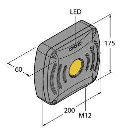 Diagramm eines rechteckigen Geräts mit Maßen 175x200x60 mm. Oben eine LED-Anzeige und vorne ein gelber Kreis, rechts M12-Anschluss.