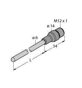 Technische Zeichnung eines Steckverbinders mit den Maßen: Durchmesser 6 und 14 mm, Länge 34 mm, Gewinde M12 x 1.