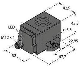 Technische Zeichnung eines rechteckigen Sensors mit LED-Anzeige, M12-Anschluss, und Abmessungen: 42,5 x 42,5 x 52 mm, Spannung 2-67,7 mm.