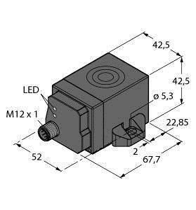 Technische Zeichnung eines rechteckigen Sensors mit LED-Anzeige, Anschluss M12 x 1, und Abmessungen in Millimetern.