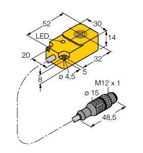 Technische Zeichnung eines gelben Sensors mit LED, Abmessungen und M12 x 1 Anschluss. Hauptdimensionen sind 52x30x14 mm.