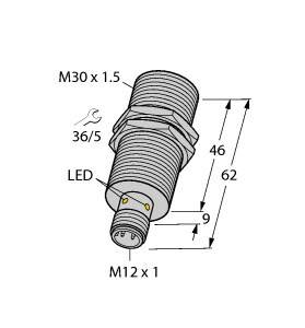 Abbildung eines Sensors mit Gewinde M30 x 1,5, Länge 62 mm, LED-Anzeige, Anschluss M12 x 1. Bemaßungen 46 mm und 9 mm hervorgehoben.