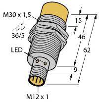 Abbildung eines zylindrischen Induktivgebers M30 mit angezeigten Maßen: Länge 62 mm, Durchmesser M30, Gewinde M12, LED an der Unterseite.