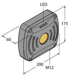 Diagramm einer rechteckigen Sensorvorrichtung mit LED-Anzeige oben und M12-Anschluss. Abmessungen: 200 mm breit, 175 mm hoch, 60 mm tief.