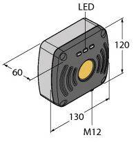Diagramm eines Sensors mit den Maßen 120x130x60 mm. Oben ist 'LED' markiert, unten 'M12'.