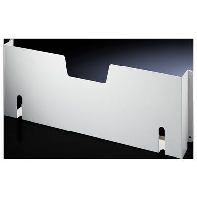 Ein weißes Metallblech mit Aussparungen und Befestigungslöchern, das möglicherweise als Abdeckung oder Schutzplatte dient.