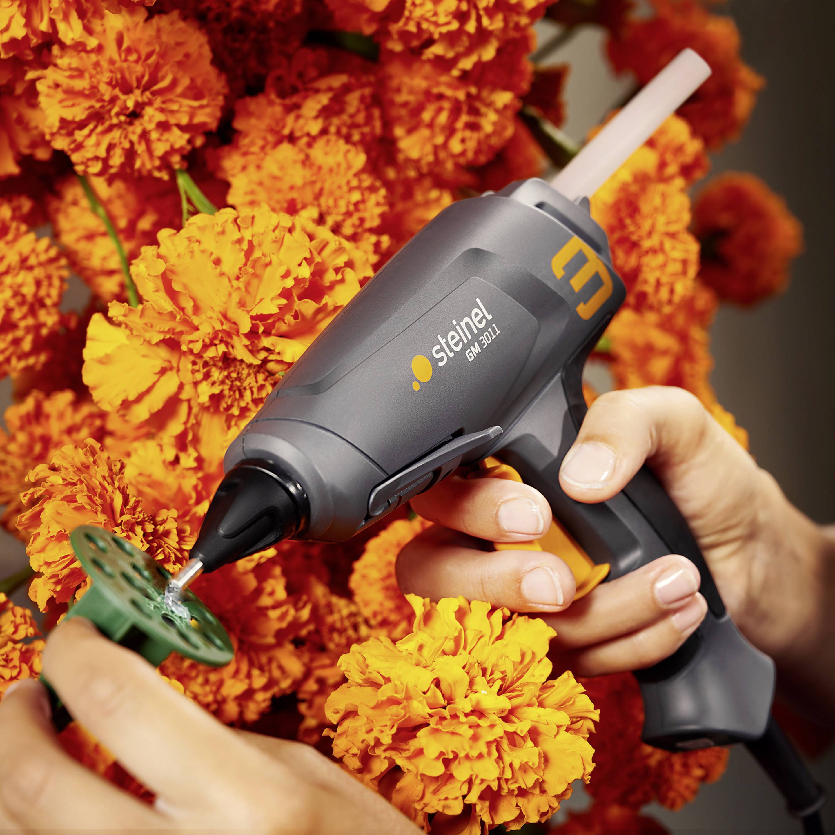 Eine Hand hält eine Klebepistole über orangefarbene Blumen, bereit, Kleber aufzutragen. Die Klebepistole ist grau und wird von Steinel hergestellt.