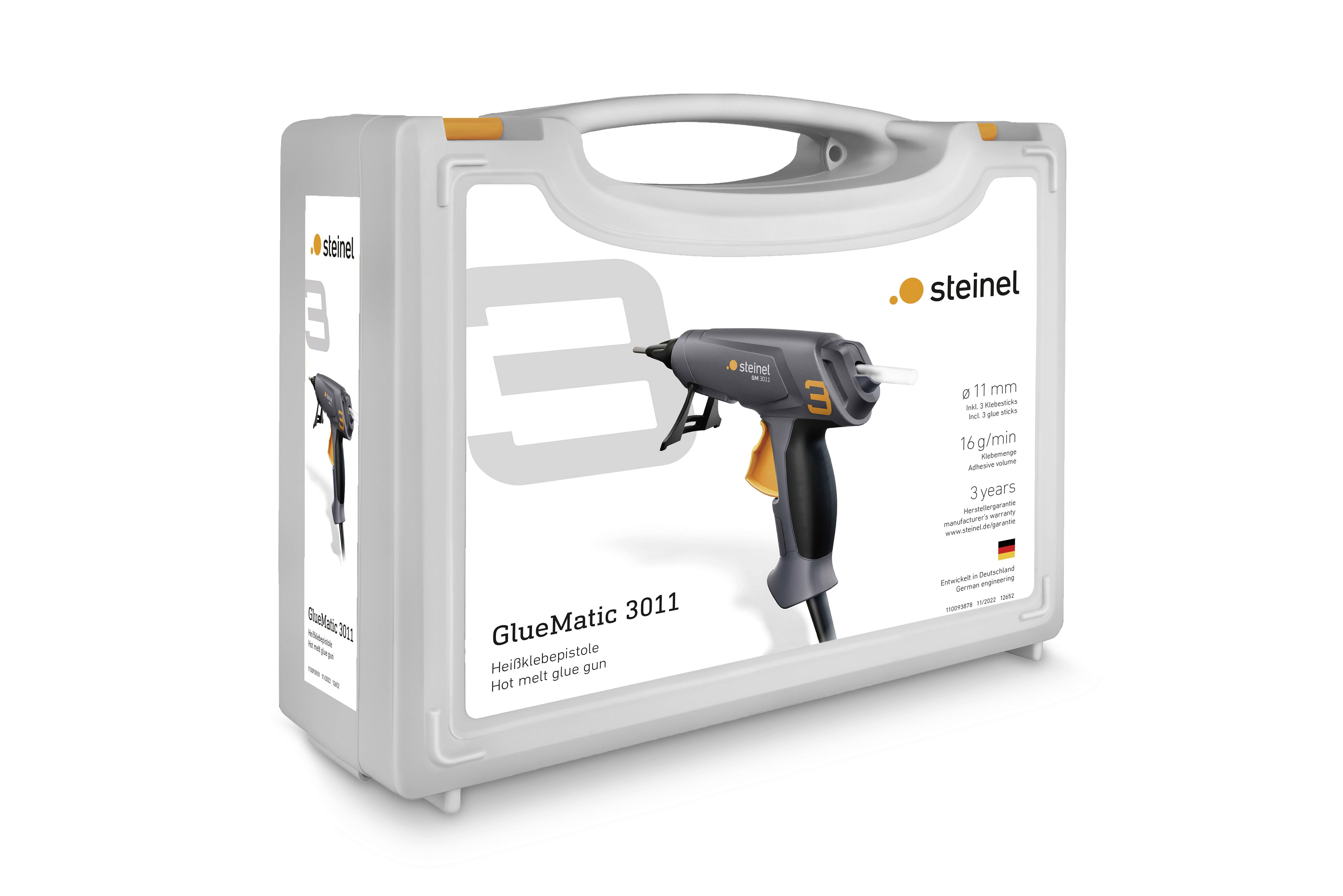 Eine graue Aufbewahrungsbox mit Griff, darauf das Bild einer Heißklebepistole 'GlueMatic 3011' der Marke Steinel, geeignet für 11-mm-Sticks.