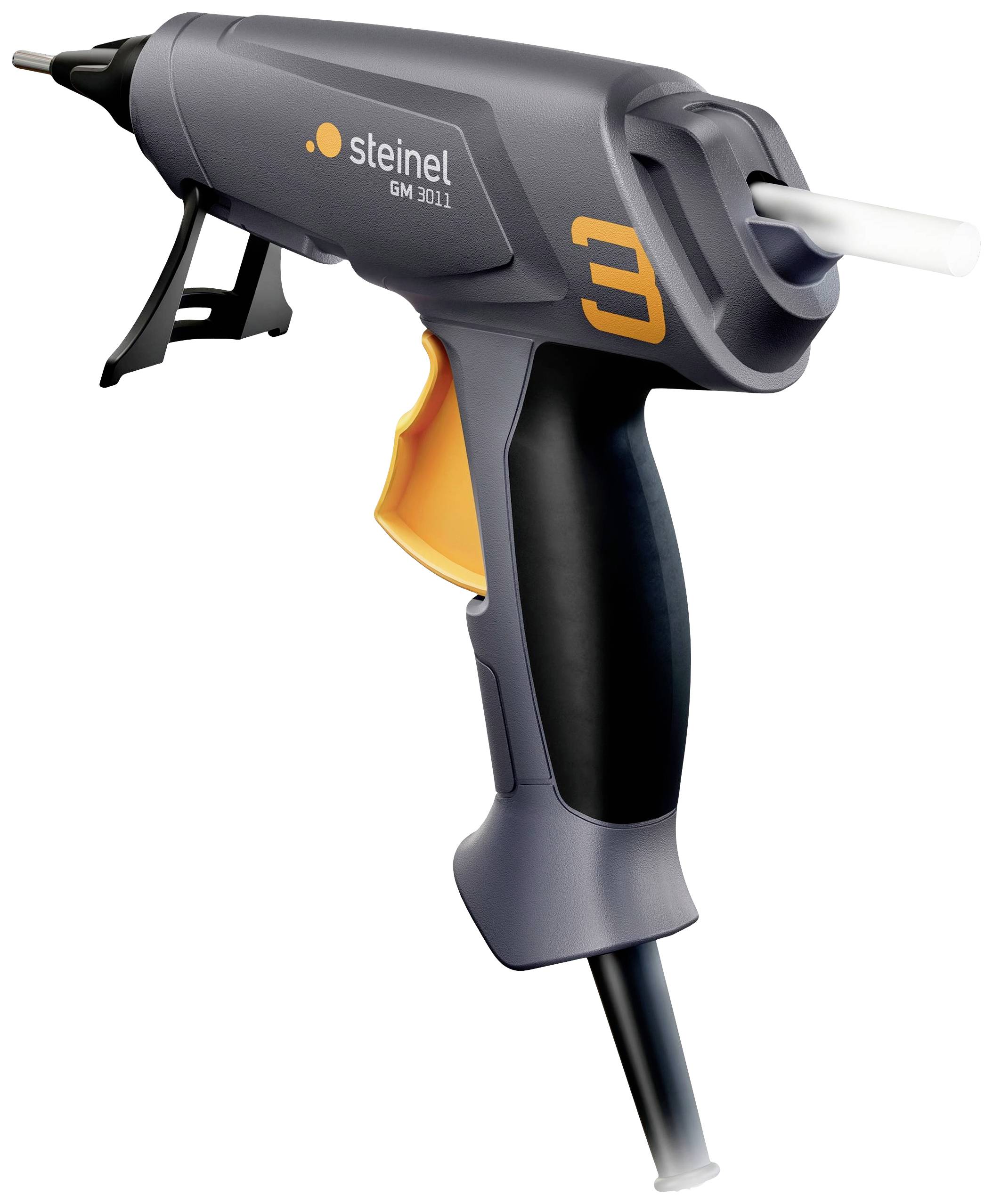 Klebestiftpistole in Grau mit schwarzem Griff und orangenem Akzent; seitliche Aufschrift 'Steinel'.