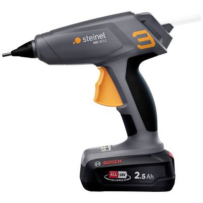 Heißklebepistole in schwarzem und orangefarbenem Design mit 2,5 Ah Akku von Bosch, Modell Steinel MG 3011, rechts ausgerichtet.