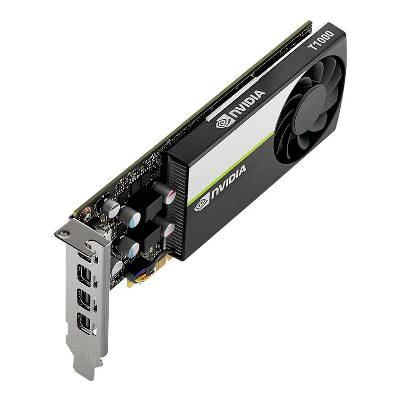 NVIDIA Grafikkarte T1000, schräg von oben gezeigt, mit Lüfter und vier Display-Ausgängen an der Metallblende.