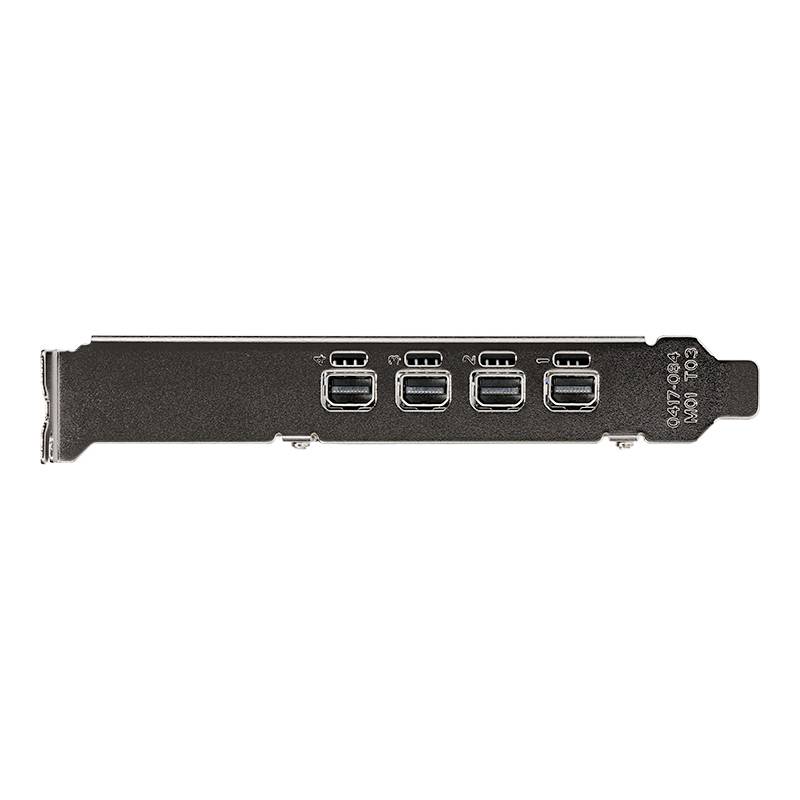 'Grafikkarte mit fünf USB-C Anschlüssen, horizontal angeordnet. Rückansicht mit Metallblende, geeignet für PC-Anschluss.'