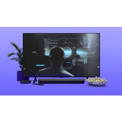 Ein Fernseher zeigt eine Weltraumszene mit Menschen in einem Kontrollraum. Daneben stehen Pflanzen, eine Schale Popcorn und ein Streaming-Gerät.