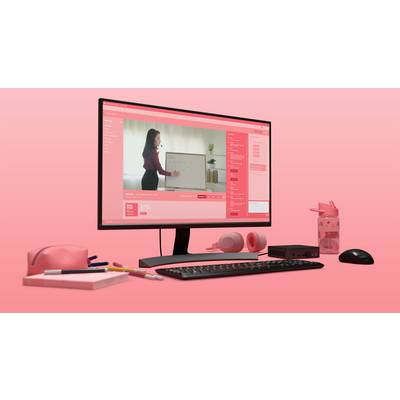 Eine Person präsentiert vor einem weißen Board auf einem Computermonitor. Im Vordergrund sind Büroartikel, Tastatur und Maus.