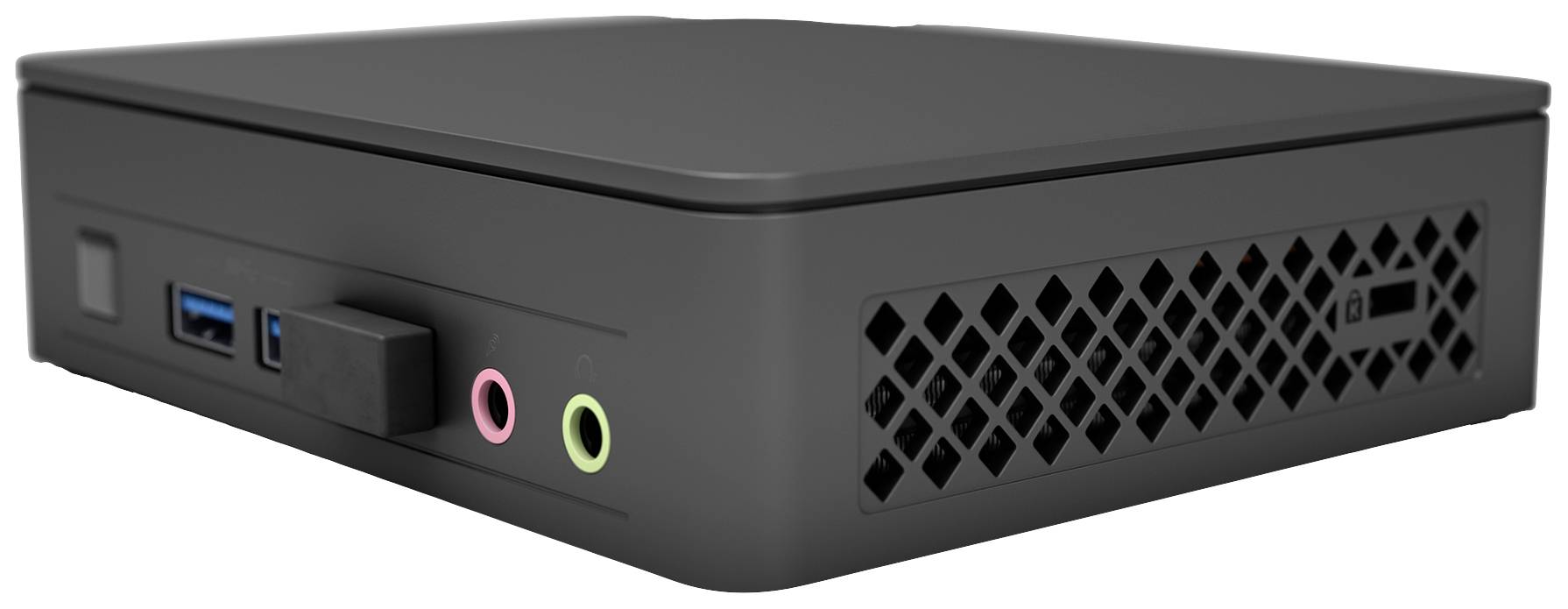 Ein kleiner, schwarzer Computer mit Anschlüssen wie USB, Mikrofon und Kopfhörer an der Vorderseite; seitliches Lüftungsgitter.