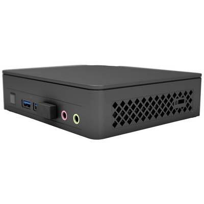 Ein kleiner, schwarzer Computer mit Anschlüssen wie USB, Mikrofon und Kopfhörer an der Vorderseite; seitliches Lüftungsgitter.
