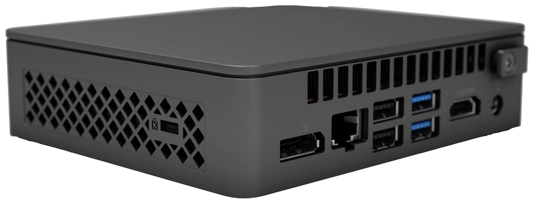 Ein kompakter schwarzer Mini-PC mit mehreren USB- und HDMI-Anschlüssen sowie Lüftungsgitter an der Seite.