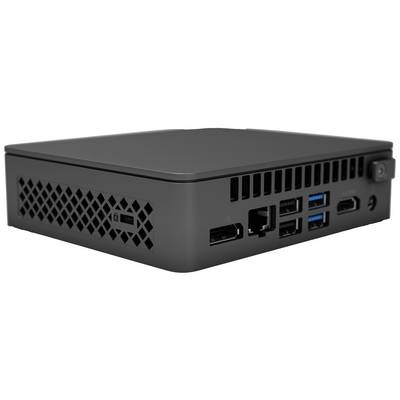 Ein kompakter schwarzer Mini-PC mit mehreren USB- und HDMI-Anschlüssen sowie Lüftungsgitter an der Seite.