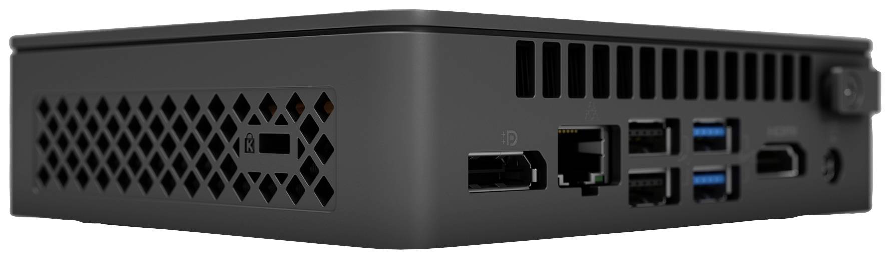 Ein kompakter schwarzer Mini-PC mit mehreren Anschlüssen, darunter USB, HDMI, und Ethernet auf der Rückseite. Gerät ist seitlich abgebildet.
