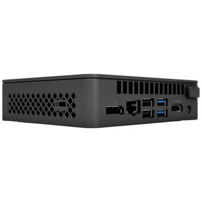 Ein kompakter schwarzer Mini-PC mit mehreren Anschlüssen, darunter USB, HDMI, und Ethernet auf der Rückseite. Gerät ist seitlich abgebildet.