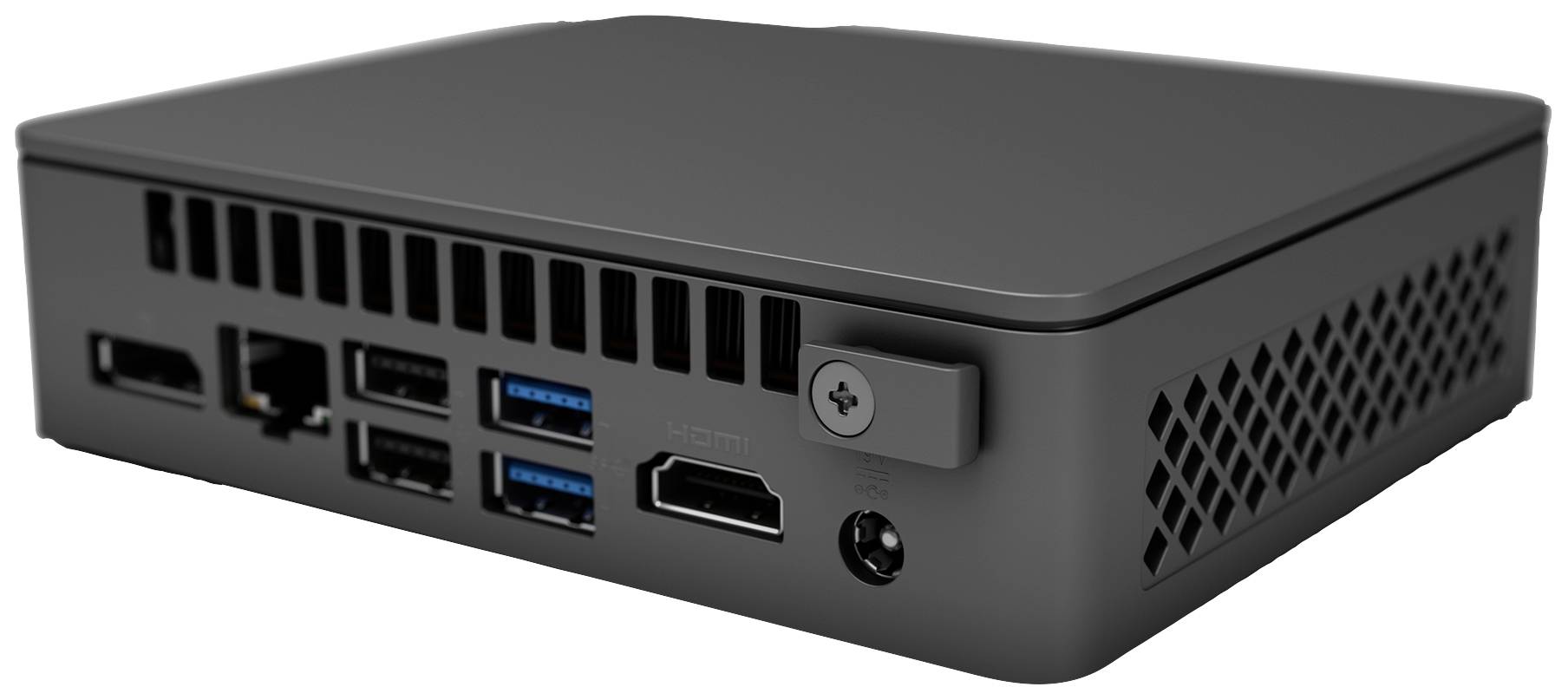 Ein kleiner, schwarzer Computer mit mehreren USB-Anschlüssen und HDMI-Anschlüssen, geeignet für kompakte PC-Setups.
