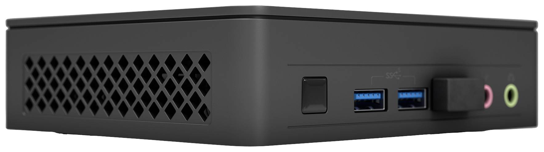 Schwarzes Mini-PC-Gehäuse mit Belüftungsgitter, zwei USB-Anschlüssen, einem Audioeingang und einem Audioausgang an der Vorderseite.