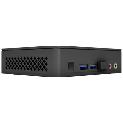 Schwarzes Mini-PC-Gehäuse mit Belüftungsgitter, zwei USB-Anschlüssen, einem Audioeingang und einem Audioausgang an der Vorderseite.