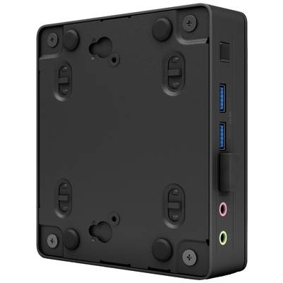 Ein schwarzer Mini-PC mit mehreren Anschlüssen an der Seite, darunter USB-Anschlüsse und Audio-Buchsen.