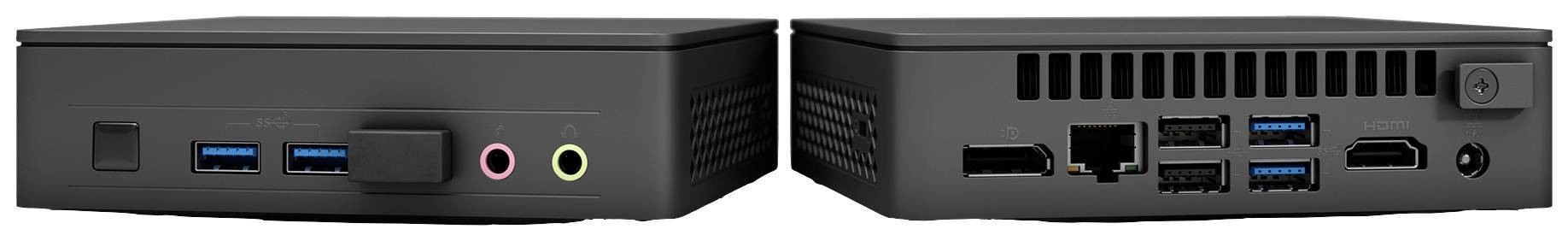Zwei schwarze Mini-Computer, Vorder- und Rückseite sichtbar. Vorderseite: USB-Anschlüsse, Audioausgänge. Rückseite: LAN, HDMI, weitere USB-Anschlüsse.