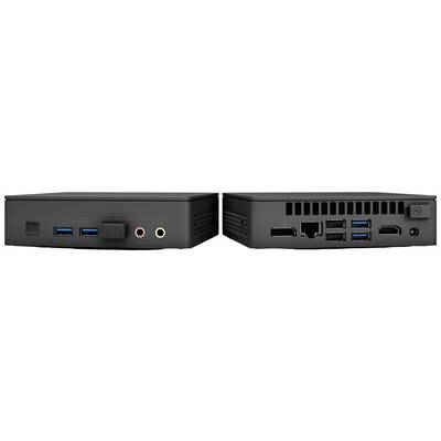 Zwei schwarze Mini-Computer, Vorder- und Rückseite sichtbar. Vorderseite: USB-Anschlüsse, Audioausgänge. Rückseite: LAN, HDMI, weitere USB-Anschlüsse.