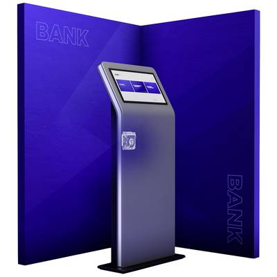 Ein blaues Bankterminal mit Touchscreen steht in einem abgetrennten Bereich. Der Bildschirm zeigt ein Menü mit zwei Optionen.