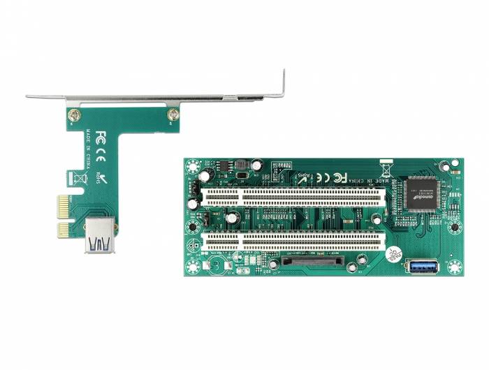 Eine grüne Leiterplatte mit Steckplätzen und Schnittstellen, daneben ein Winkeladapter zur Kartenmontage in einem Computergehäuse.