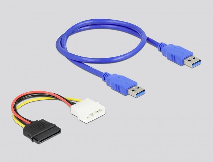 Ein blaues USB-3.0-Kabel mit zwei Anschlüssen und ein SATA-auf-Molex-Adapterkabel mit schwarzen, gelben und roten Drähten.