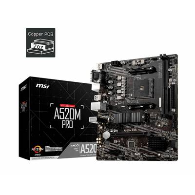 Motherboard MSI A520M PRO, dargestellt mit Verpackung. Unterstützt AMD Ryzen Prozessoren. PCIe-Steckplätze und diverse Anschlüsse sichtbar.