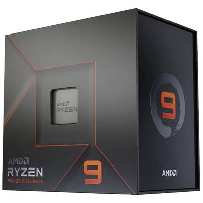 Eine AMD Ryzen 9 7000 Series Prozessorverpackung in Schwarz und Grau mit orangen Akzenten, zeigt das AMD-Logo und die Zahl 9.