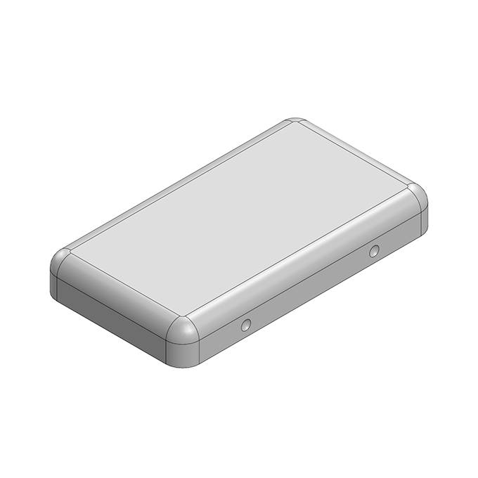 Ein rechteckiges, flaches, graues elektronisches Gerät mit abgerundeten Ecken. Es hat an den Seiten zwei kleine Öffnungen.