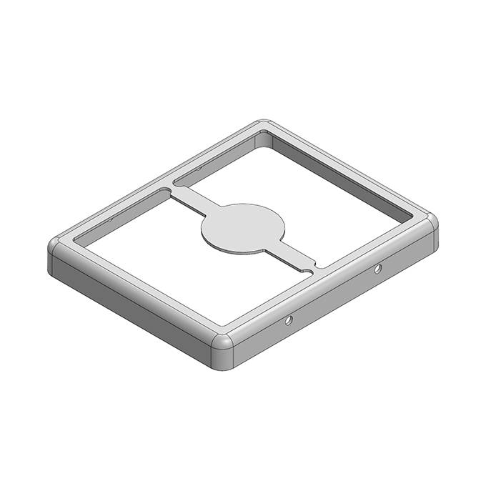 Eine Darstellung eines rechteckigen 3D-Objekts mit einem zentralen, kreisförmigen Ausschnitt und erhöhten Rändern.