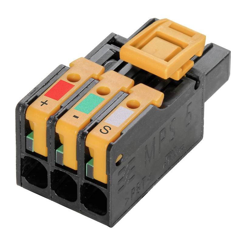 Elektronischer Steckverbinder mit drei farblich markierten Eingängen, beschriftet mit '+', '-', und 'S', neben dem Schriftzug 'MPS 5'.