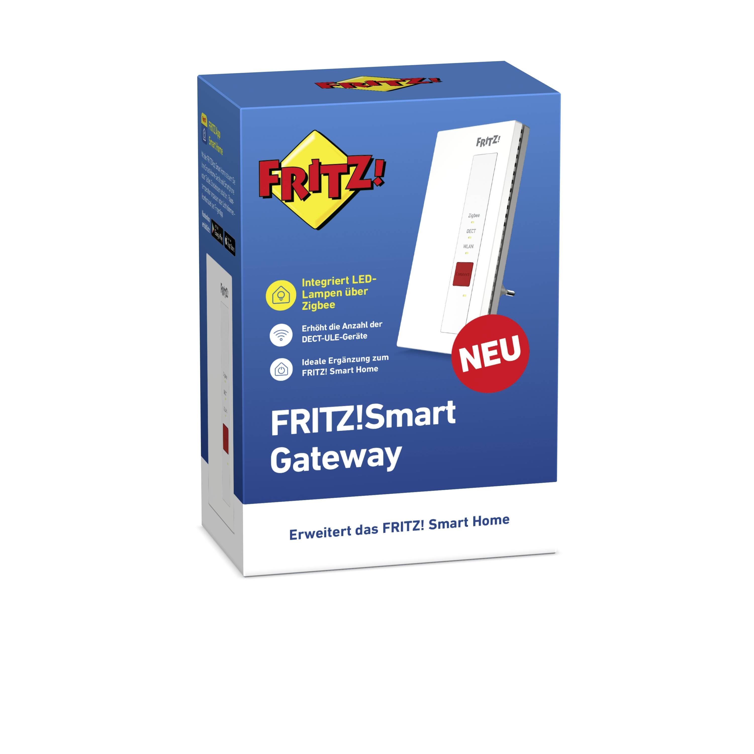 FRITZ!Smart Gateway Produktverpackung, mit Abbildung des Gateways und Hinweisen auf die Integration in das FRITZ! Smart Home.